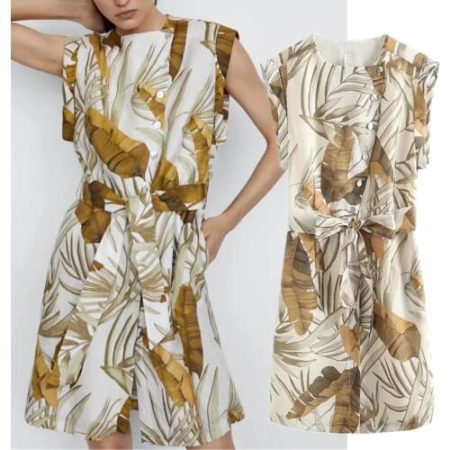 Jenny&Dave Mini Dress Women Vestidos Summer Dress Women England Style Vintage Tropical Printing Linen Fashion Sashes Party