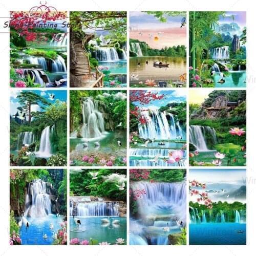 DIY 5D Diamond Painting Kit Nature Landscape Waterfall Full Square Round Diamond Mosaic Diamond Embroidery Home Decor Wall Art
