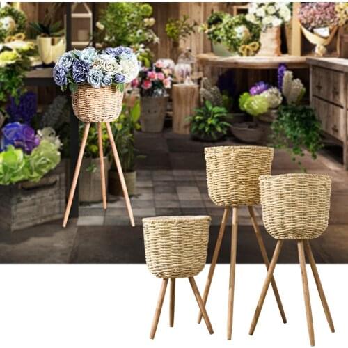 Floor Vase Plant Stand Wickerwork Flower Pot Holder Display Pot Rack Rattan Stand for Flower Basket Straw Crafts Rustic Decor