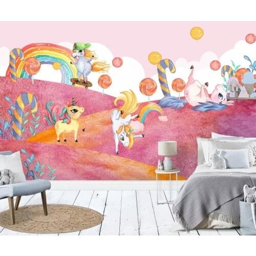 Bacal modern cartoon Nordic fairy tale pink forest unicorn candy childrens kid room background wall 3D wallpaper mural huda