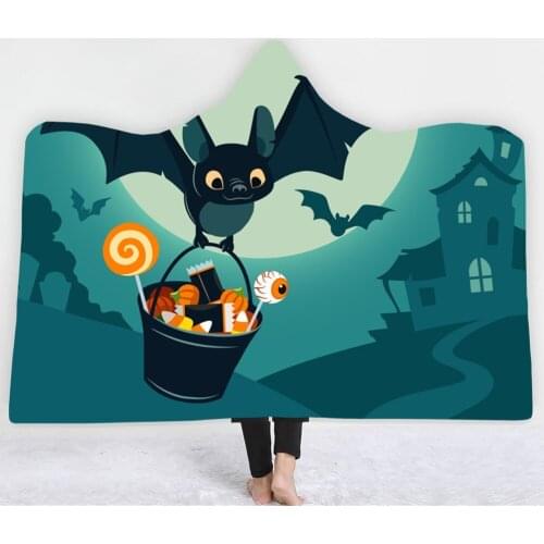Cute Pumpkin Bat Hooded Blanket for Kids Halloween Wool Blanket with 3D Cartoon Print for Kids Adult Wearable Blanket