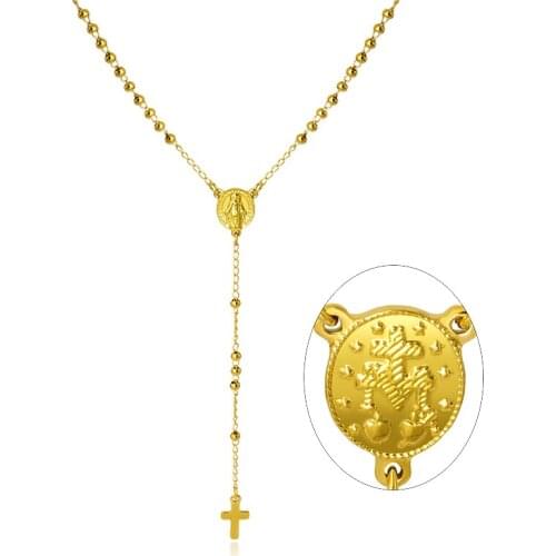 New Hot Small Cross Beads Virgin Mary Pendant Necklace Mother of God Religion Jewelry Stainless Steel Black Long Cross Necklace