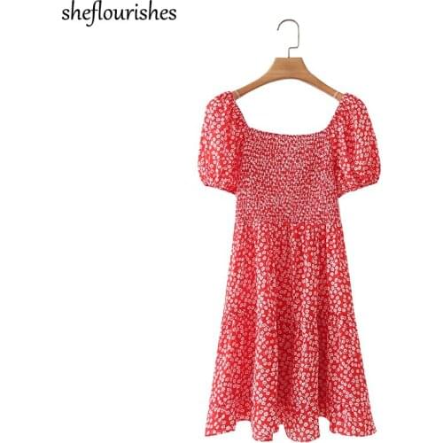 Korean dress women summer floral print A line dress short sleeve mini dresses square neck holiday dresses red boho dress cute