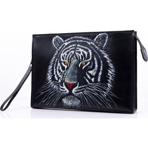 Handmade Men Vegetable Tanned Leather Bag Clutch Purse Pocket Clutches Man China Carving Tiger Envelope
