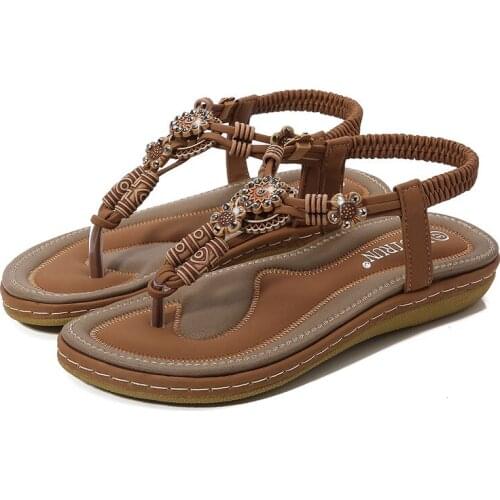 Large size 36-44 sandals women Bohemian wooden bead woven flat casual shoes women Beach Shoes Non-slip Flip Flop