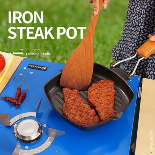 Outdoor BBQ Pan Picnic Collapsible Frying Pan Cast Iron Pan Baking Pan Anti-scalding Wooden Handle Double Mouth Deep Steak Pan