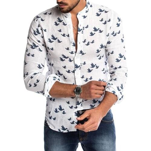 Spring Autumn Casual Men Pigeon Print Buttons Long Sleeve Shirt Linen Slim Top Casual Shirts For Men Slim