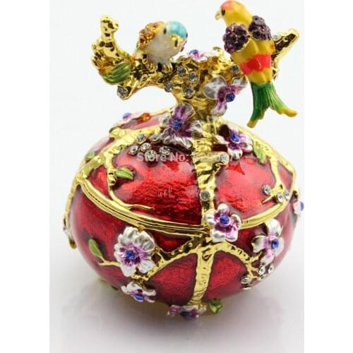 Vintage Hand Painted Love Birds Faberge Egg Rhinestone Jewelry Trinket Box Double Bird Jewelry Box