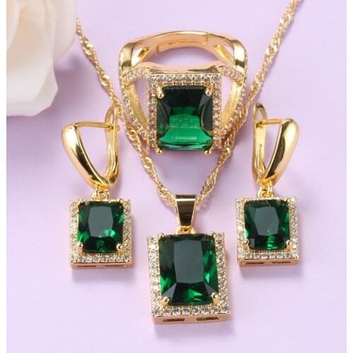 Vintage Rectangle Jewelry Sets Yellow-Gold Color Fashion Women Accessories Green Zircon Earrings And Rings Necklace Sets