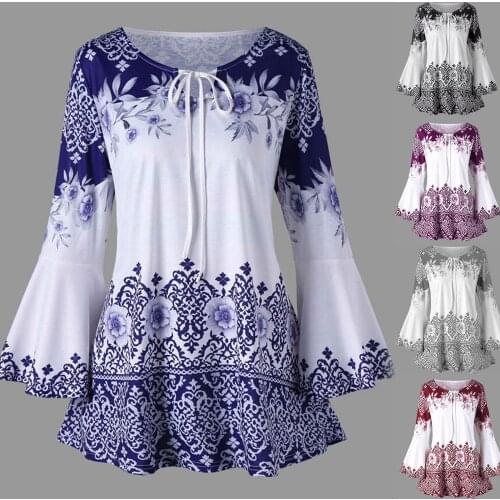 Women Stylish Long Flare Sleeve Flower Print Strap Tunic Loose Blouse Womens Clothing блузка женская ropa de mujer 2020