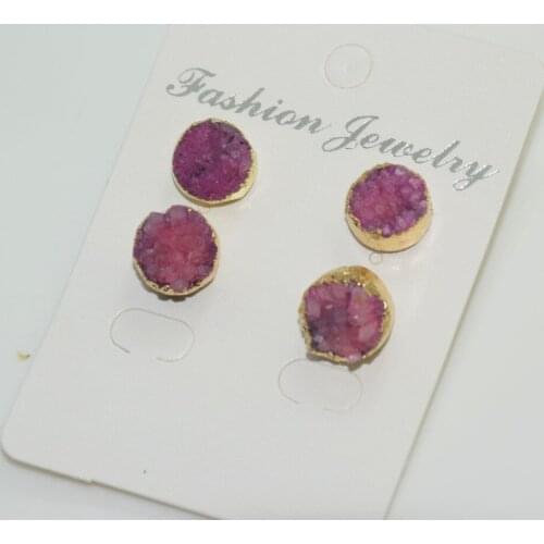Gold Bezel Round druzy pink crystal quartz stud girl earrings natural gem stone geode druzy stud earrings for women jewelry gift
