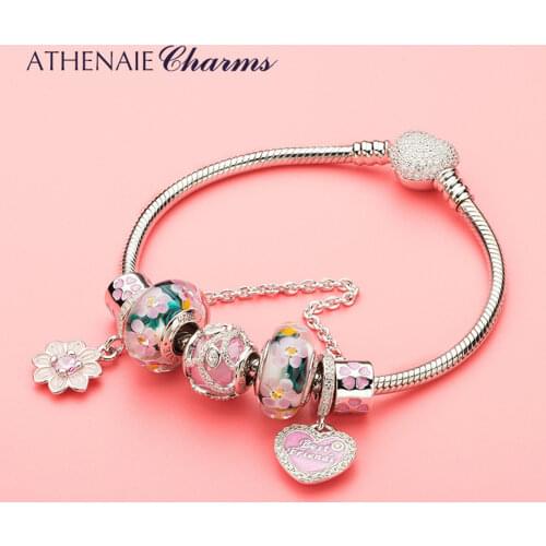 ATHENAIE 925 Sterling Silver Cherry Charms Bracelets with Enamel Pendant and Flower Murano Glass Beads For Women Valentines'Day