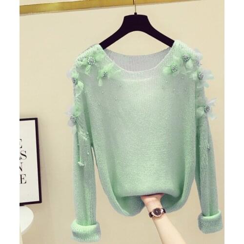 2020 Autumn and Winter Heavy Industry Beads Three-Dimensional Flower Long Sleeved Sweater for Women New Loose Ladys Jumper