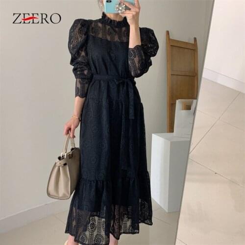 Women Blalck Puff Sleeve Ruffle Neck Sexy Lace Long Summer Dress 2020 Elegant Robe Femme Vintage Maxi Party Dresses Vestidos