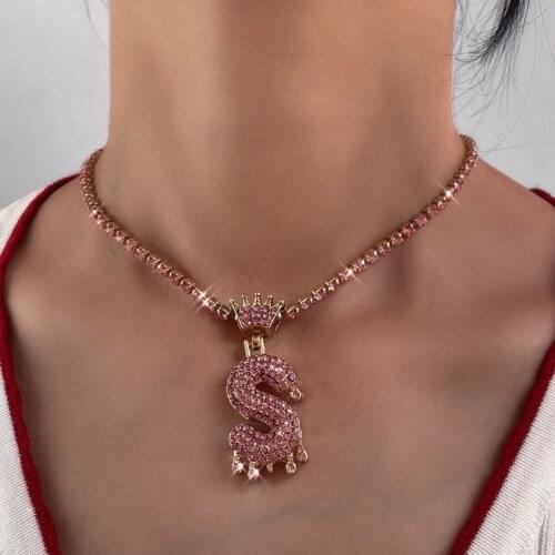 Flatfoosie A-Z Crown Letter Initial Pink Crystal Pendant Necklace For Women Luxury Rhinestone Tennis Chain Necklace Men Jewelry