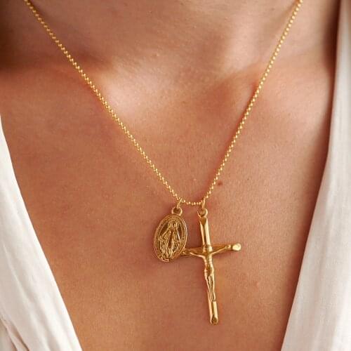 Woman Cross Little Oval Madonna Titanium Necklace (14k Plating No Fade off Color)