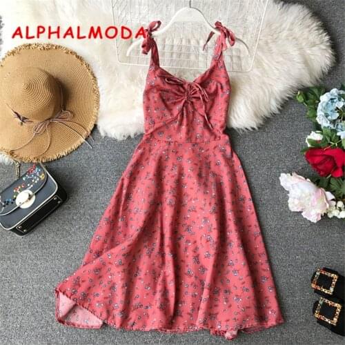 ALPHALMODA Butterfly Knot Lace-up Pleated Sweet Summer Dress Sleeveless High Waist Printed Women New Casual Chiffon Vestidos