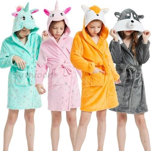 Baby Boy Girl Winter Flannel Unicorn Kigurumi Robes Kids Bathrobes Beach Towels Warm Pajamas Sleepwear Kigurumi Wolf Fox Pajamas