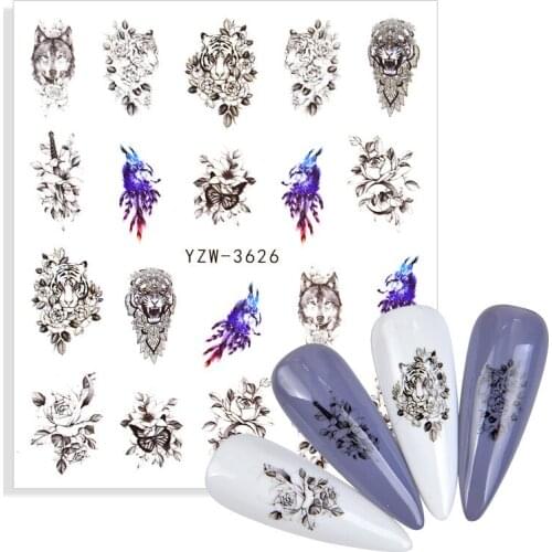1 Sheet 3D Nail Sticker Black Flower Wolf Tiger Design Water Transfer Decals Slider Wrap DIY Watermark Nail Art Decoration