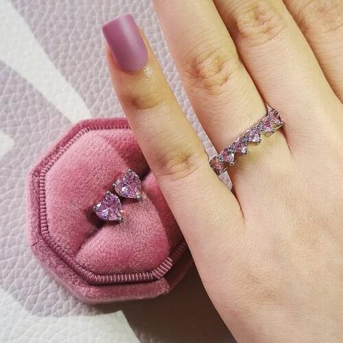 2pcs Pack 925 Sterling Silver Jewelry Set Halo Engagement Ring Round Stud Earring for Wedding Christmas Gift Party J6271-pink