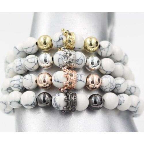 8mm yj5 gold silver micro pave cz zircon cubic zirconia Bracelet adjusted nature stone bead Crown white Howlite Bangles