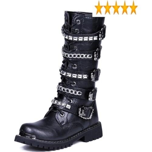 Military Black Men Punk Fashion Rivets High-Top Pu Leather Top Quality Zip Army Combat High Boots Casual Shoes