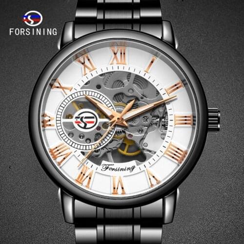 Top Brand Luxury Mens Mechanical Hand Wind Mans Black Watches Skeleton Design Transparent Skeleton Dial Mens Watches