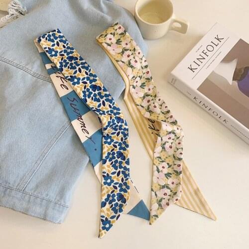 Floral Vintage French Streamer Bowknot Head Rope Silk Scarf Girl Hairband Small Long Hairband Tying Hair Head Silk Hair Ring