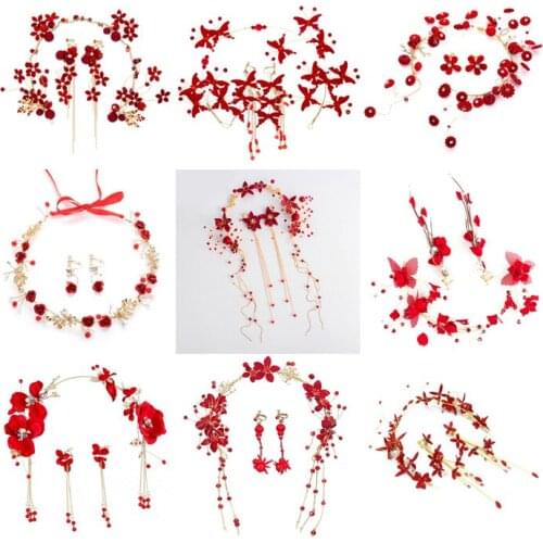 Girls Bridal Elegant Women Red Rose Flower Pearl Bride Hairband Crown Wedding Pageant Hair Accessories Hair Earrings Jewelry