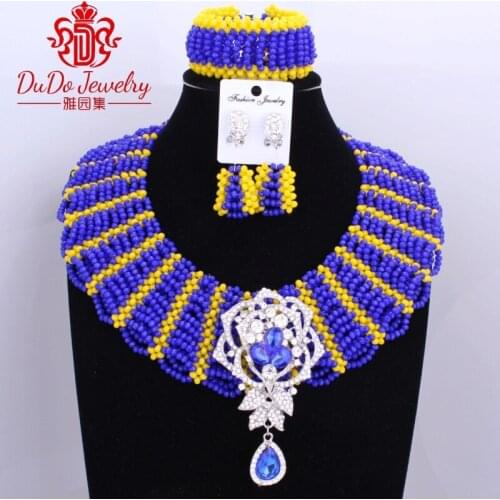 Amazing Royal Blue And Yellow Mix Color African Jewelry Sets Newest African Beads Supplier Nigerian Beads Sets Wedding Jewelry