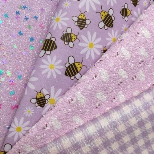 Leo Leather Purple Butterfly White Swans Printed Glitter Fabric Sheets Plaids Bees Printed Faux Leather BOWS DIY 21X29CM G386