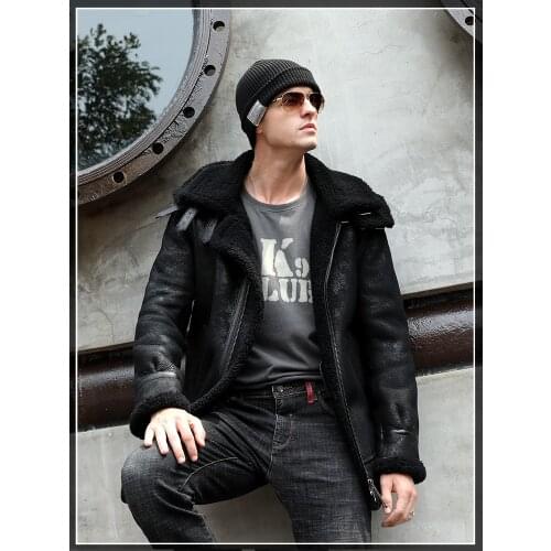 Real Genuine Leather Jacket Men Hooded Winter Sheepskin Coat Vintage Real Wool Fur Coats Mens Leather Jackets KJ3295