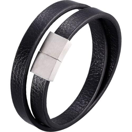 Fashion Stainless Steel Charm Magnetic Black Brown Men Wrap Bracelet Leather Bangle Punk Rock Jewelry Accessories Friend PD1059