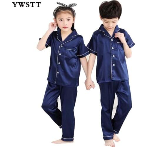 New Spring Summer Girls Boys Sleepwear Pajamas Clothing Set Kids Teens Nightwear Clothes Children Boy Casual Silk Fabric Pajamas