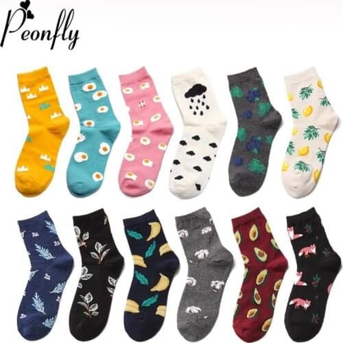 PEONFLY Fashion Harajuku Cotton Women Socks Funny Cartoon Fox Pineapple Avocado Banana Fruit Pattern Happy Socks Hosiery Female