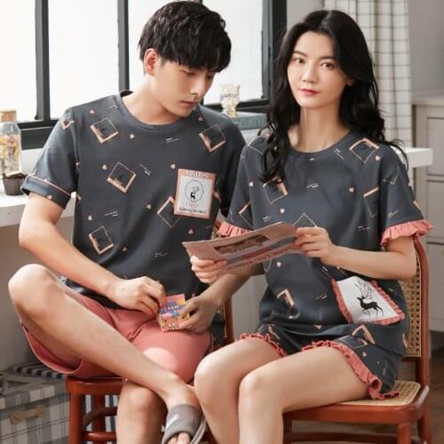 Pajamas For Women Summer 100% Cotton Night Suit Short Sleeve Shorts Lovers Nightwear Set Mens Sleepwear Female Home Clothing 3XL