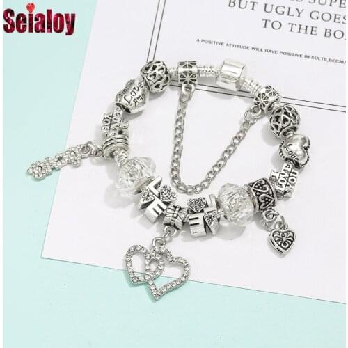 Seialoy Silver Plated Heart Pendant Lover Charm Bracelets For Women Men Original Girl boy Crystal Beaded Bracelet Family Jewelry