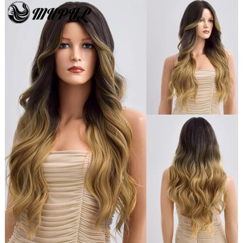 Ombre Black To Blonde Synthetic Wigs For White Women Long Wavy Natural Daily Hair Heat Resistant Female Cosplay Wavy Fiber Wig