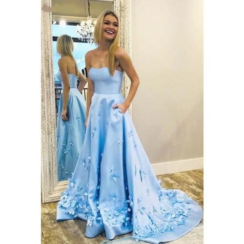 2019 Light Blue Stain Evening Dress Sleeveless Appliques Long Dress Flower Gown Sukienka Wieczorowa