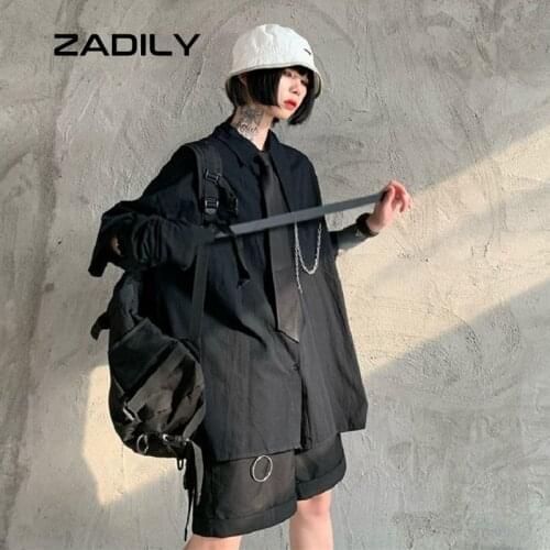 Zadily Street Style Short Sleeve Tie Black Shirt Women Y2K Oversize Button Up Ladies Blouse 2021 Summer Loose Gothic Tops