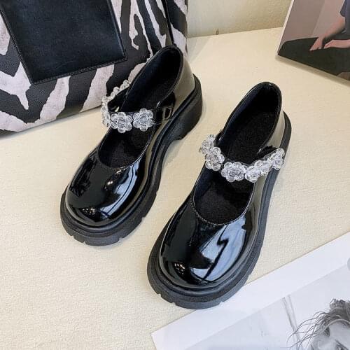 Diamond Chain Mary Jane Womens Shoes 2021 Spring and Autumn New Platform Lok Fu Shoes Retro French Leather Shoes College Girls