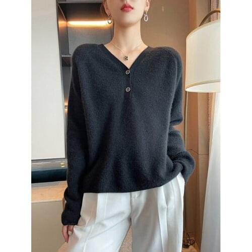 Ladies fall/winter loose wool sweater v-neck cashmere knit pullover outer wear casual top base sweater