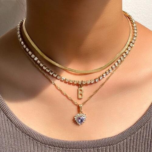 Multilayer Golden Metal Snake Chain Choker Necklaces for Women Bling Crystal Heart Letter Tennis Chain Pendant Necklace Jewelry