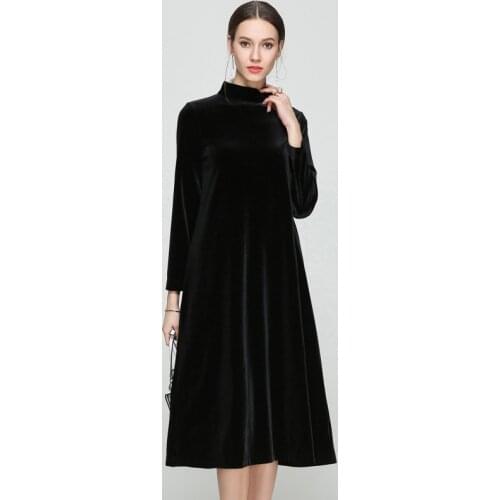Women Velvet Midi A-Line Dress Autumn Winter Slim Half Turtleneck Ladies Party Dress Elegant High Street Fashion Dress 10 colors
