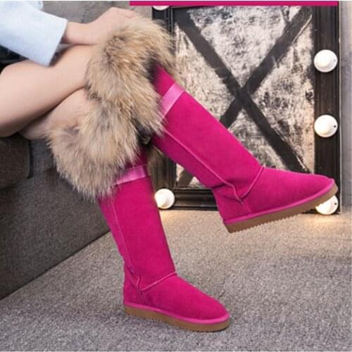 Winter Natural Fox Fur Long Boots Winter Fur Black Genuine Leather Snow Boots Knee- High Boots Waterproof Flat Raccoon Fur Boot
