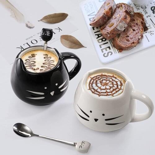400ml Creative Cat Ceramic Mugs With Cute Cat Spoons Coffee Tea Milk Animal Cups With Handle Gifts for Women Girls Cat Lovers