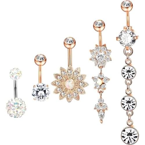 5 pcs/sets High Crystal Dangle Surgical Steel Navel Ring Teardrop Butterfly Belly Button Rings Sexy Bar Body Piercing Jewelry