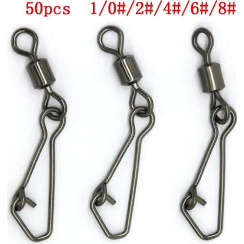 50pcs/pack 1/0#/2#/4#/6#/8# Bearing Fishing Swivels Snap Rolling Connector Swivel With Hooked Snap Fishing Accessories