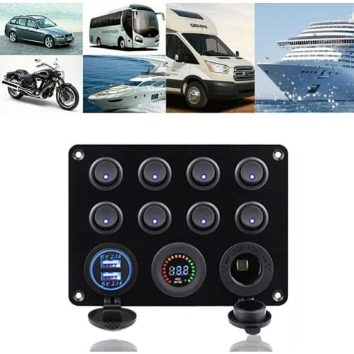8 Gang Toggle Switch Panel Dual USB Charger Car Push Button Circuit Breaker For Car RV Truck ATV UTV Camper Caravan 12-24V