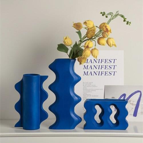 Cutelife INS Nordic Round Blue Small Ceramics Vase Decoration Home Wedding Flower Arrangement Vase Plant Livingroom Office Vase